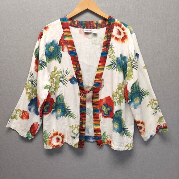 Chico's Tops - Chicos Linen Floral Kimono Style Top Women‎ 3 Boho Resort Tie Front Beachy Artsy
